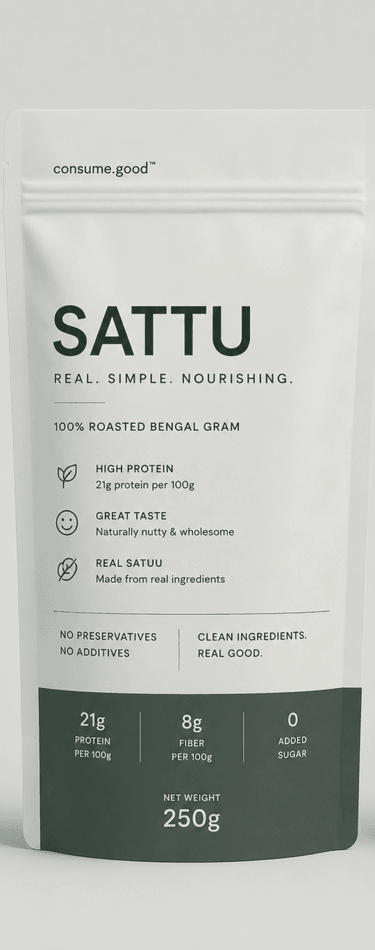 consume.good Sattu pouch — 100% roasted Bengal gram, high protein pantry essential