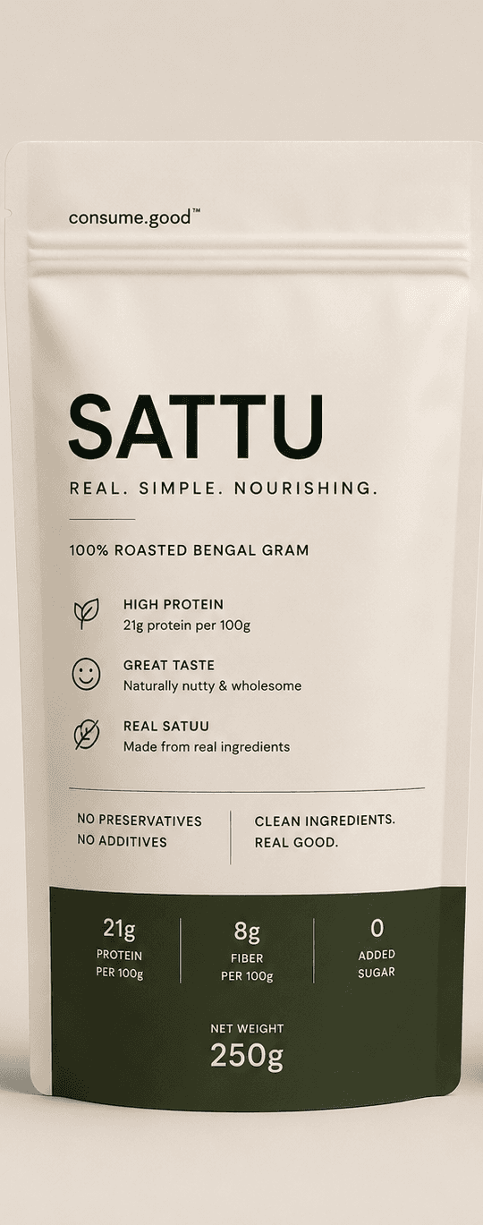 consume.good Sattu pouch — 100% roasted Bengal gram, high protein pantry essential